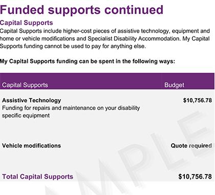 screenshot of an NDIS plan showing the Capital Supports section